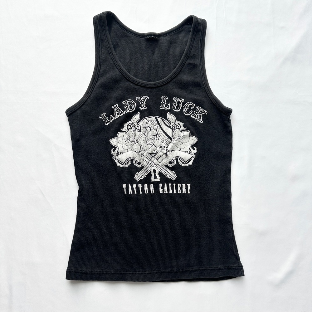 Lady Luck Tatttoo Gallery Ribbed Tank Top Whimsigoth Grunge ♟️ Size Extra Small